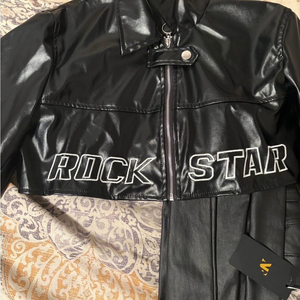 SHEIN Black Leather Jacket with 'Rock Star' Embroidery